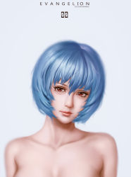 Rule 34 | 1girl, ayanami rei, bita (vaderc), blue hair, copyright name, female focus, highres, lips, looking at viewer, neon genesis evangelion, realistic, red eyes, short hair, solo, topless, topless frame, upper body