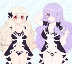 Rule 34 | 2girls, arm up, bad id, bad twitter id, black bow, blush, bow, breasts, camilla (fire emblem), cleavage, closed mouth, corrin (female) (fire emblem), corrin (fire emblem), fire emblem, fire emblem fates, hair bow, hair over one eye, hand on own face, large breasts, long hair, medium breasts, multiple girls, navel, nintendo, plushcharm, pointy ears, purple eyes, purple hair, red eyes, smile, twitter username, white hair