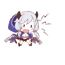 Rule 34 | 10s, 1girl, ammunition belt, black eyes, boots, breasts, brown footwear, brown shorts, chibi, cleavage, collarbone, draph, dual wielding, full body, granblue fantasy, gun, hair tie, highres, holding, holding gun, holding weapon, hood, hood down, hooded jacket, horns, jacket, kumuyu, large breasts, legs apart, long hair, long sleeves, looking away, low twintails, midriff, open mouth, purple jacket, reinaru, short shorts, shorts, silver hair, simple background, solo, standing, strapless, tears, tube top, twintails, weapon, white background