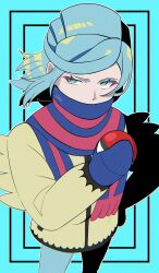 Rule 34 | 1boy, aqua background, blue mittens, commentary, creatures (company), eyelashes, game freak, green eyes, grusha (pokemon), hand up, highres, holding, holding poke ball, jacket, long hair, long sleeves, male focus, mittens, mocacoffee 1001, nintendo, pants, poke ball, poke ball (basic), pokemon, pokemon sv, scarf, scarf over mouth, signature, solo, striped clothes, striped scarf, yellow jacket