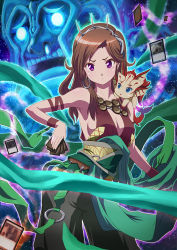 Rule 34 | &gt;:(, 1girl, animal, animal on shoulder, armband, armpits, artisan of forms, aura, bare shoulders, breasts, brown hair, card, cleavage, cleavage cutout, clothing cutout, contrapposto, crown, earrings, frown, glowing, hairband, holding, holding card, hoop earrings, iroas god of victory, jewelry, long hair, looking at viewer, magic: the gathering, nakazawa dousan, no bra, outline, purple eyes, sash, sideboob, sky, solo, space, standing, star (sky), starry sky, swept bangs, thassa god of the sea, trading card, v-shaped eyebrows, wristband