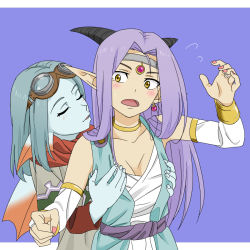 Rule 34 | 2girls, bare shoulders, blue hair, blue skin, blush, grabbing another&#039;s breast, breasts, bridal gauntlets, character request, cleavage, colored skin, dragon quest, dragon quest x, dress, earrings, estella (dq10), closed eyes, flying sweatdrops, goggles, goggles on head, grabbing, groping, headpiece, horns, imminent kiss, jewelry, long hair, medium breasts, multiple girls, nail polish, necklace, open mouth, pink nails, pointy ears, purple hair, yellow eyes, yokkest, yuri