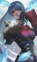 1girl, belt, black gloves, blue hair, blurry, blurry foreground, breath, cold, gauss &lt;bokashi, gloves, highres, ice, kula diamond, long hair, looking at viewer, parted lips, red eyes, solo, teeth, the king of fighters, turtleneck, upper teeth, zipper
