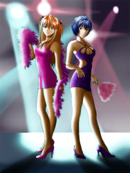 Rule 34 | 00s, 2girls, alternate costume, ayanami rei, bare shoulders, blue eyes, blue hair, dress, evangelion: 2.0 you can (not) advance, feather boa, feather fan, from side, halter dress, halterneck, high heels, legs, long hair, multiple girls, nail polish, neon genesis evangelion, night, orange hair, pumps, rebuild of evangelion, red eyes, shoes, short hair, souryuu asuka langley, spotlight, twintails, winbay01