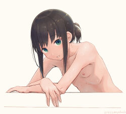Rule 34 | 1girl, black hair, blush, breasts, brown hair, commentary, completely nude, dated, female focus, fubuki (kancolle), green eyes, grin, highres, kantai collection, looking at viewer, nakaaki masashi, nipples, nude, ponytail, short ponytail, simple background, small breasts, smile, solo, twitter username, upper body, wet, wet hair