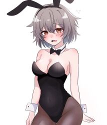 Rule 34 | 1girl, animal ears, bare shoulders, black leotard, blush, bow, bowtie, breasts, brown eyes, brown pantyhose, cleavage, collarbone, colored eyelashes, covered navel, detached collar, dot nose, embarrassed, eyelashes, fake animal ears, grey hair, hair between eyes, highleg, highleg leotard, higurashi no naku koro ni mei, impossible clothes, kimiyoshi kazuho, leotard, long bangs, looking at viewer, medium breasts, messy hair, narrow waist, open mouth, oversized breast cup, pantyhose, playboy bunny, rabbit ears, raised eyebrows, short hair, sidelocks, simple background, sitting, solo, strapless, strapless leotard, teardrop, tearing up, wavy mouth, white background, wide hips, wrist cuffs, yuno ff