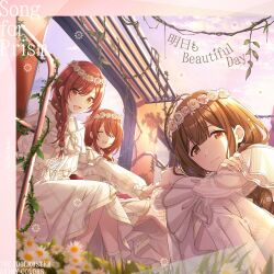 Rule 34 | 3girls, absurdres, ahoge, album cover, alstroemeria (idolmaster), blunt bangs, braid, brown eyes, brown hair, closed eyes, commentary request, cover, dress, flower, flower wreath, hair over shoulder, highres, idolmaster, idolmaster shiny colors, idolmaster shiny colors song for prism, kuwayama chiyuki, long hair, looking at viewer, multiple girls, official art, open mouth, osaki amana, osaki tenka, plant, see-through, see-through sleeves, single braid, sitting, squatting, swept bangs, twilight, vines, white dress, yellow eyes