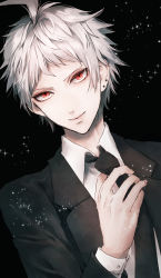 Rule 34 | 1boy, ahoge, black background, black jacket, black necktie, collared shirt, danganronpa (series), danganronpa 2: goodbye despair, grey hair, hand up, hinata hajime, hinata hajime (awakened), jacket, light particles, long sleeves, male focus, necktie, red eyes, sakuyu, shirt, short hair, smile, solo, upper body