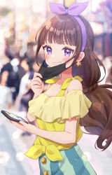 Rule 34 | 1girl, amanogawa kirara, bare shoulders, blurry, blurry background, blush, breasts, brown hair, cellphone, earrings, go! princess precure, green skirt, grin, hairband, highres, holding, holding phone, jewelry, long hair, looking at viewer, mask, mouth mask, off-shoulder shirt, off shoulder, outdoors, phone, precure, purple eyes, purple hairband, road, shirt, shuu (mniarnoakou), skirt, small breasts, smartphone, smile, star (symbol), star earrings, street, teeth, twitter username, yellow shirt