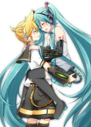 Rule 34 | 1boy, 1girl, absurdly long hair, arm tattoo, bad id, bad pixiv id, belt, black footwear, black shorts, black skirt, black sleeves, black socks, blonde hair, blouse, blue hair, blue nails, blue neckwear, blush, boots, carrying, closed eyes, couple, detached sleeves, floating hair, grey shirt, hands on another&#039;s shoulders, hatsune miku, headset, kagamine len, kneehighs, long hair, long sleeves, miniskirt, nail polish, necktie, number tattoo, open mouth, pleated skirt, sailor collar, shirt, short sleeves, shorts, simple background, skirt, sleeveless, sleeveless shirt, smile, socks, sudachi (calendar), tattoo, thigh boots, thighhighs, twintails, very long hair, vocaloid, white background, zettai ryouiki