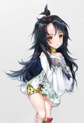 Rule 34 | 1girl, aged down, bare shoulders, black hair, brown eyes, c-ms (girls&#039; frontline), c-ms (the wonderful adventures of goose) (girls&#039; frontline), choker, commentary request, fish, girls&#039; frontline, highres, holding, long hair, messy hair, official alternate costume, oversized clothes, oversized shirt, polka dot, polka dot shirt, shirt, short shorts, shorts, sleeves past wrists, solo, topknot, white shirt, yellow shorts