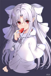 Rule 34 | 1girl, bow, capelet, dress, food, fruit, grey background, hair bow, hand to own mouth, highres, long hair, looking at viewer, melty blood, nozomi tsubame, pointy ears, red eyes, ribbon, silver hair, simple background, smile, solo, strawberry, tsukihime, upper body, white capelet, white dress, white len (tsukihime)