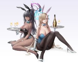 Rule 34 | 2girls, absurdres, alcohol, alternate costume, animal ears, asuna (blue archive), asuna (bunny) (blue archive), bare shoulders, black footwear, black hair, black leotard, black pantyhose, blue archive, blue neckwear, bottle, bow, bowtie, breasts, brown hair, cleavage, commentary request, cup, curvy, dark-skinned female, dark skin, detached collar, drinking glass, fake animal ears, fishnet legwear, fishnets, full body, glass, gradient background, grey background, halo, highleg, highleg leotard, highres, holding, holding plate, karin (blue archive), karin (bunny) (blue archive), large breasts, leotard, long hair, looking at viewer, multiple girls, official alternate costume, pantyhose, plate, playboy bunny, ponytail, rabbit ears, shoes, sitting, smile, traditional bowtie, very long hair, white footwear, wide hips, yo owl