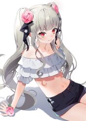 Rule 34 | 1girl, absurdres, arm support, bare shoulders, black shorts, closed mouth, collarbone, commentary request, commission, flower, grey hair, hair flower, hair ornament, highres, long hair, looking at viewer, navel, off shoulder, original, pink flower, pixiv commission, red eyes, shadow, short shorts, shorts, simple background, smile, solo, suzu (tonami0726), twintails, very long hair, white background, wrist flower
