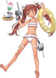 Rule 34 | 10s, 1girl, ;d, bare shoulders, barefoot, bikini, brown eyes, brown hair, dark-skinned female, dark skin, drink, fang, feet, food, full body, gun, hair ribbon, holding, holding gun, holding weapon, innertube, jiji (aardvark), kantai collection, libeccio (kancolle), long hair, looking at viewer, navel, official art, one eye closed, open mouth, ribbon, shaved ice, smile, soles, solo, swim ring, swimsuit, thigh strap, transparent background, turret, twintails, weapon, white bikini