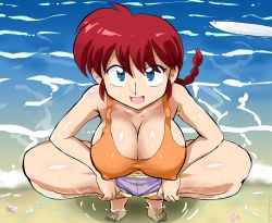 Rule 34 | 1girl, bare arms, bare legs, bare shoulders, beach, blue eyes, braid, braided ponytail, breasts, camisole, cleavage, collarbone, covered erect nipples, darm engine, day, dolphin shorts, eyes visible through hair, from above, full body, genderswap, genderswap (mtf), impossible clothes, long hair, looking at viewer, looking up, medium breasts, navel, ocean, open mouth, outdoors, ranma-chan, ranma 1/2, red hair, sand, saotome ranma, shiny skin, shorts, single braid, smile, solo, spread legs, squatting, stomach, surfboard, sweat, twitter username, underwear, underwear only, water