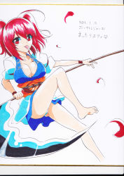 Rule 34 | 1girl, absurdres, bare legs, barefoot, breasts, cleavage, feet, female focus, highres, mattari yufi, onozuka komachi, panties, pantyshot, red eyes, red hair, scythe, shikishi, skirt, solo, tongue, tongue out, touhou, traditional media, twintails, two side up, underwear, upskirt, white panties