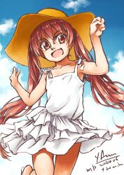 Rule 34 | 1girl, arimura yuu, blue sky, brown eyes, brown hair, cloud, commentary request, cowboy shot, dark skin, dress, fang, hat, highres, kantai collection, libeccio (kancolle), long hair, skin fang, sky, smile, solo, spaghetti strap, sun hat, sundress, tan, twintails, white dress, yellow hat