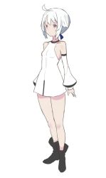 Rule 34 | 1girl, ahoge, ankle boots, bad id, bad twitter id, bare shoulders, black footwear, boots, closed mouth, commentary request, copyright request, detached sleeves, dress, full body, km yama, purple eyes, short dress, short hair, sleeveless, sleeveless dress, solo, standing, white dress, white hair