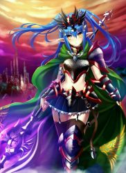 Rule 34 | 1girl, armor, black gloves, blue hair, boobplate, boots, breastplate, cape, castle, closed mouth, cloud, cloudy sky, commentary, english commentary, female knight, floating hair, gauntlets, gloves, green cape, halberd, headpiece, highres, holding, holding weapon, knee boots, knight, long hair, looking at viewer, armored boots, original, outdoors, pointy ears, polearm, sky, solo, standing, tonee, two side up, weapon, yellow eyes