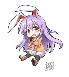 Rule 34 | 1girl, :d, animal ears, black thighhighs, blush, boots, chibi, coat, commentary request, full body, hair between eyes, long hair, long sleeves, looking at viewer, mittens, open mouth, orange coat, orange footwear, own hands together, pleated skirt, purple hair, rabbit ears, red eyes, reisen udongein inaba, signature, simple background, skirt, smile, solo, thighhighs, tirotata, touhou, white background, white skirt