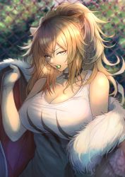 Rule 34 | 1girl, animal ears, arknights, bare shoulders, black choker, breasts, brown eyes, brown hair, candy, chain-link fence, choker, cleavage, commentary, fence, food, food in mouth, fur trim, hand up, highres, large breasts, lion ears, lollipop, long hair, looking at viewer, mouth hold, off shoulder, ohako (ohako1818), revision, siege (arknights), solo, tank top, upper body, white tank top