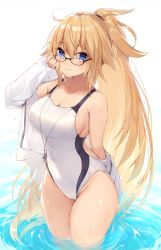 Rule 34 | 1girl, bare shoulders, black-framed eyewear, blonde hair, blue eyes, blush, breasts, cleavage, closed mouth, collarbone, commentary request, competition swimsuit, fate/grand order, fate (series), glasses, hair between eyes, hand up, highres, jacket, jeanne d&#039;arc (fate), jeanne d&#039;arc (ruler) (fate), jeanne d&#039;arc (swimsuit archer) (fate), large breasts, long hair, long sleeves, looking at viewer, looking over eyewear, muryotaro, off shoulder, one-piece swimsuit, ponytail, smile, solo, standing, swimsuit, thighs, very long hair, wading, water, whistle, white background, white jacket, white one-piece swimsuit