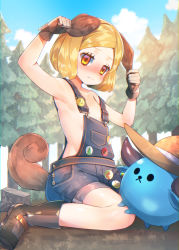 Rule 34 | 1girl, animal ears, armpits, arms up, bare shoulders, black footwear, blonde hair, blue sky, blush, boots, brown eyes, brown gloves, cloud, commentary request, creature, day, dog ears, dog girl, dog tail, fate/grand order, fate (series), forest, gloves, hand on own ear, hat, unworn hat, unworn headwear, kemonomimi mode, naked overalls, nature, nose blush, outdoors, overall shorts, overalls, paul bunyan (fate), paul bunyan (third ascension) (fate), short hair, sitting, sky, solo, straw hat, suzuho hotaru, tail, tree, tree stump, wariza