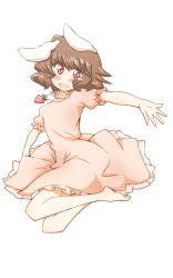 Rule 34 | 1girl, animal ears, bad id, bad pixiv id, barefoot, blush, brown hair, rabbit ears, dress, food, fruit, highres, inaba tewi, jumping, non (z-art), open mouth, red eyes, short hair, short sleeves, solo, strawberry, touhou