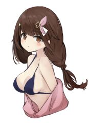 Rule 34 | 1girl, :/, bare shoulders, bikini, blue bikini, breasts, brown eyes, brown hair, cleavage, cropped torso, from side, hair ornament, highres, hololive, jacket, le xue, light blush, long hair, looking at viewer, looking to the side, low twintails, medium breasts, off shoulder, pink jacket, simple background, solo, star (symbol), star hair ornament, swept bangs, swimsuit, tokino sora, twintails, upper body, virtual youtuber, white background