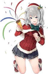 Rule 34 | 10s, 1girl, aran sweater, cable knit, christmas, hair ornament, hat, kantai collection, kashima (kancolle), looking at viewer, official art, parsley-f, party popper, pleated skirt, ribbon, santa costume, santa hat, silver hair, simple background, skirt, smile, solo, sweater, twintails, wavy hair, white background