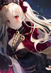 Rule 34 | 1girl, asymmetrical sleeves, between breasts, blonde hair, blush, breasts, buckle, cape, cleavage, closed mouth, commentary request, detached collar, earrings, emyo, ereshkigal (fate), fate/grand order, fate (series), fire, hair ribbon, hand on own hip, infinity symbol, jewelry, long hair, looking at viewer, medium breasts, multicolored cape, multicolored clothes, necklace, parted bangs, red cape, red eyes, red ribbon, ribbon, single sleeve, skull, solo, spine, tiara, tohsaka rin, two side up, uneven sleeves, upper body, yellow cape