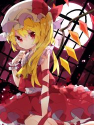 Rule 34 | 1girl, arm wrap, blonde hair, bow, collared vest, commentary, crystal, feet out of frame, flandre scarlet, full moon, hand up, hat, hat bow, highres, indoors, leg wrap, long hair, mob cap, moon, night, nikorashi-ka, one-hour drawing challenge, one side up, red bow, red eyes, red moon, red ribbon, red skirt, red vest, ribbon, seiza, sitting, skirt, solo, touhou, vest, white hat, window, wings, wrist cuffs