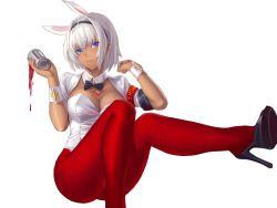Rule 34 | 1girl, animal ears, blue eyes, breasts, caenis (fate), chest tattoo, commentary request, cup, dark-skinned female, dark skin, detached collar, drinking glass, fate/grand order, fate (series), hair between eyes, high heels, highres, holding, holding cup, kafkasea, large breasts, leotard, pantyhose, parted lips, playboy bunny, short hair, simple background, solo, table, tattoo, teeth, white background, white hair, wine glass, wrist cuffs