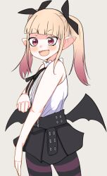 Rule 34 | 1girl, black skirt, blonde hair, blush stickers, eyebrows hidden by hair, feet out of frame, flat chest, hime-sama &quot;goumon&quot; no jikan desu, himemiya aisu, long bangs, looking ahead, low wings, multicolored hair, pink eyes, pointy ears, sharp teeth, shirt, short twintails, simple background, skirt, sleeveless, sleeveless shirt, slit pupils, smile, solo, streaked hair, striped clothes, striped thighhighs, teeth, thighhighs, twintails, vampire, vanilla peschutz, white shirt, wings