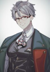 Rule 34 | 1boy, arurandeisu, ascot, black vest, breast pocket, buttons, collared shirt, curtained hair, green eyes, green jacket, grey ascot, grey hair, grin, hair between eyes, highres, holostars, jacket, jacket on shoulders, looking at viewer, male focus, momiage 40, official alternate costume, pectorals, pocket, pocket watch, red-framed eyewear, shirt, short hair, simple background, smile, solo, star button, upper body, vest, virtual youtuber, watch, white background, white shirt
