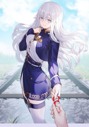Rule 34 | 1boy, 1girl, 86 -eightysix-, belt, blouse, blue jacket, blue skirt, breasts, cleavage, closed mouth, cloud, commentary, cropped jacket, floating hair, from side, garter straps, grey eyes, hair between eyes, hand up, highres, jacket, logo, looking at viewer, military, military uniform, no headwear, o-ring, o-ring belt, out of frame, outdoors, pov, pov hands, railroad tracks, ririko (zhuoyandesailaer), shirt, skindentation, skirt, sky, smile, solo focus, string, string of fate, thighhighs, uniform, vladilena millize, white belt, white hair, white shirt, white thighhighs, zettai ryouiki
