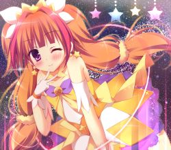 Rule 34 | 1girl, ;), amanogawa kirara, bad id, bad pixiv id, bare shoulders, blush, choker, cure twinkle, earrings, gloves, go! princess precure, jewelry, long hair, looking at viewer, magical girl, multicolored hair, one eye closed, orange hair, precure, purple eyes, red hair, smile, solo, star (symbol), star earrings, twintails, two-tone hair, white gloves