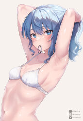 Rule 34 | 1girl, armpits, blue eyes, blue hair, blush, bra, breasts, hair between eyes, highres, hololive, hoshimachi suisei, long hair, looking at viewer, mouth hold, mr.canaryy, navel, presenting armpit, small breasts, solo, star (symbol), star in eye, symbol in eye, underwear, virtual youtuber, white bra
