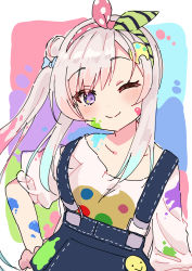 Rule 34 | 1girl, airani iofifteen, airani iofifteen (1st costume), blue bow, blue overalls, bow, green hairband, hair bun, hairband, highres, hololive, hololive indonesia, houshou marine (artist), looking at viewer, one eye closed, overalls, paint in hair, paint on body, paint on clothes, paint splatter, paint splatter on face, paint stains, palette hair ornament, pink hair, pink hairband, purple eyes, shirt, side ponytail, sidelocks, single hair bun, smiley face, solo, virtual youtuber, white shirt
