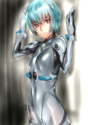 Rule 34 | 1girl, against wall, ayanami rei, bad id, bad pixiv id, blue hair, body writing, bodysuit, bracer, breasts, cowboy shot, dodai shouji, from side, gloves, gradient background, hair between eyes, hairpods, hands up, headgear, highres, interface headset, looking at viewer, neon genesis evangelion, parted lips, pilot suit, pink eyes, plugsuit, red eyes, shiny clothes, short hair, sketch, small breasts, solo, standing, turtleneck