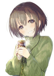 Rule 34 | 1girl, alternate costume, bad id, bad pixiv id, blush, brown hair, can, canned coffee, casual, dot nose, drink can, eyes visible through hair, fingernails, green sweater, grey eyes, grin, head tilt, holding, holding can, idolmaster, idolmaster cinderella girls, jewelry, key, key necklace, long sleeves, looking at viewer, necklace, otokura yuuki, short hair, simple background, smile, social kasu (mob oji katu), solo, sweater, turtleneck, turtleneck sweater, upper body, white background