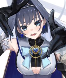 Rule 34 | 1girl, black gloves, blue bow, blue bowtie, blue cape, blue eyes, blue hair, blush, bow, bow earrings, bowtie, breasts, brooch, cape, chain, chain headband, cleavage, cleavage cutout, clothing cutout, earrings, gloves, hair intakes, head tilt, heart, heart-shaped gem, heart brooch, highres, hololive, hololive english, jewelry, large breasts, looking at viewer, open mouth, ouro kronii, ouro kronii (1st costume), sailor collar, shirt, short hair, sleeveless, sleeveless shirt, sleeveless turtleneck, solo, turtleneck, upper body, virtual youtuber, white sailor collar, white veil, yato kamo, zipper