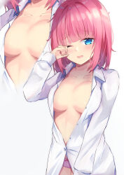 Rule 34 | 1girl, blue eyes, blunt bangs, breasts, commentary request, go-toubun no hanayome, hair down, highres, large breasts, long sleeves, looking at viewer, medium hair, nakano nino, open mouth, panties, partially unbuttoned, pink hair, purple panties, rubbing eyes, underwear, waking up, white background, yuzuki4no, zoom layer