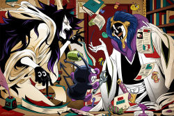 Rule 34 | 2boys, baikinman, biliken, black hair, bleach, blue hair, book, caesar clown, candy, crossover, food, gloves, horns, inkwell, kurotsuchi mayuri, long hair, looking at another, male focus, monster boy, multiple boys, nakao ryuusei, one piece, pale skin, papers, science, scientist, sharp teeth, teeth, very long hair, voice actor connection, wrench, yellow eyes