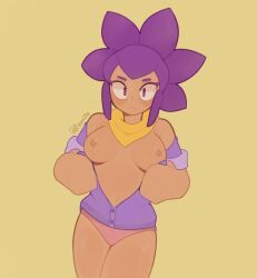 Rule 34 | 1girl, bare shoulders, brawl stars, breasts, closed mouth, jacket, looking at viewer, naked jacket, non-web source, panties, pink panties, purple hair, purple jacket, shelly (brawl stars), simple background, solo, supercell (band), underwear, xyraabs