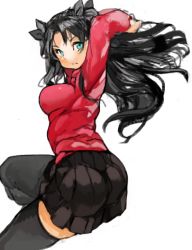 Rule 34 | 1girl, arms up, ass, black hair, black skirt, black thighhighs, blue eyes, fate/stay night, fate (series), hair ribbon, long hair, long sleeves, pleated skirt, ribbon, sachito, simple background, skirt, solo, thighhighs, tohsaka rin, two side up, white background, zettai ryouiki