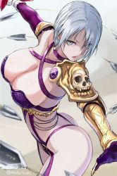 Rule 34 | 1girl, arched back, ass, blue eyes, breasts, cleavage, dated, from side, hair over one eye, isabella valentine, large breasts, looking at viewer, parted lips, revealing clothes, short hair, sidelocks, silver hair, solo, soul calibur, soulcalibur, soulcalibur vi, tea (nakenashi), thighs, twitter username, whip