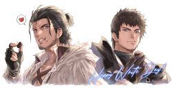 Rule 34 | 2boys, ardbert hylfyst, beard stubble, blue eyes, chest harness, chocolate, cropped shoulders, eating, facial hair, final fantasy, final fantasy xvi, harness, highres, hyur, looking at viewer, male focus, mature male, medium hair, multiple boys, mustache stubble, pectoral cleavage, pectorals, scar, scar across eye, stubble, thick eyebrows, upper body, viper (final fantasy), white day, zanki