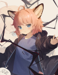 Rule 34 | 1girl, absurdres, ahoge, alternate costume, animal ears, arknights, black jacket, blue eyes, blue shirt, brown hair, chibi, chibi inset, fox ears, fox girl, fox tail, hand up, highres, jacket, lmonster guai, looking at viewer, open clothes, open jacket, originium arts (arknights), shirt, short hair, solo, sussurro (arknights), tail, thought bubble, upper body, v-shaped eyebrows, zoom layer